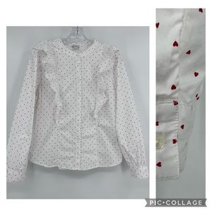 J. Crew Cotton Poplin Ruffle Top Blouse Heart Print Long Sleeve White Red Size S